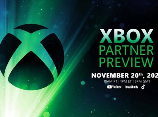 Official promotional artwork for the Xbox Partner Preview on November 20, 2025, featuring the Xbox logo on a green light background with event date and streaming platforms.