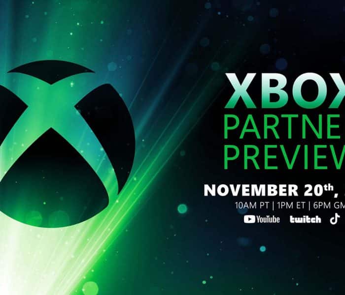 Official promotional artwork for the Xbox Partner Preview on November 20, 2025, featuring the Xbox logo on a green light background with event date and streaming platforms.
