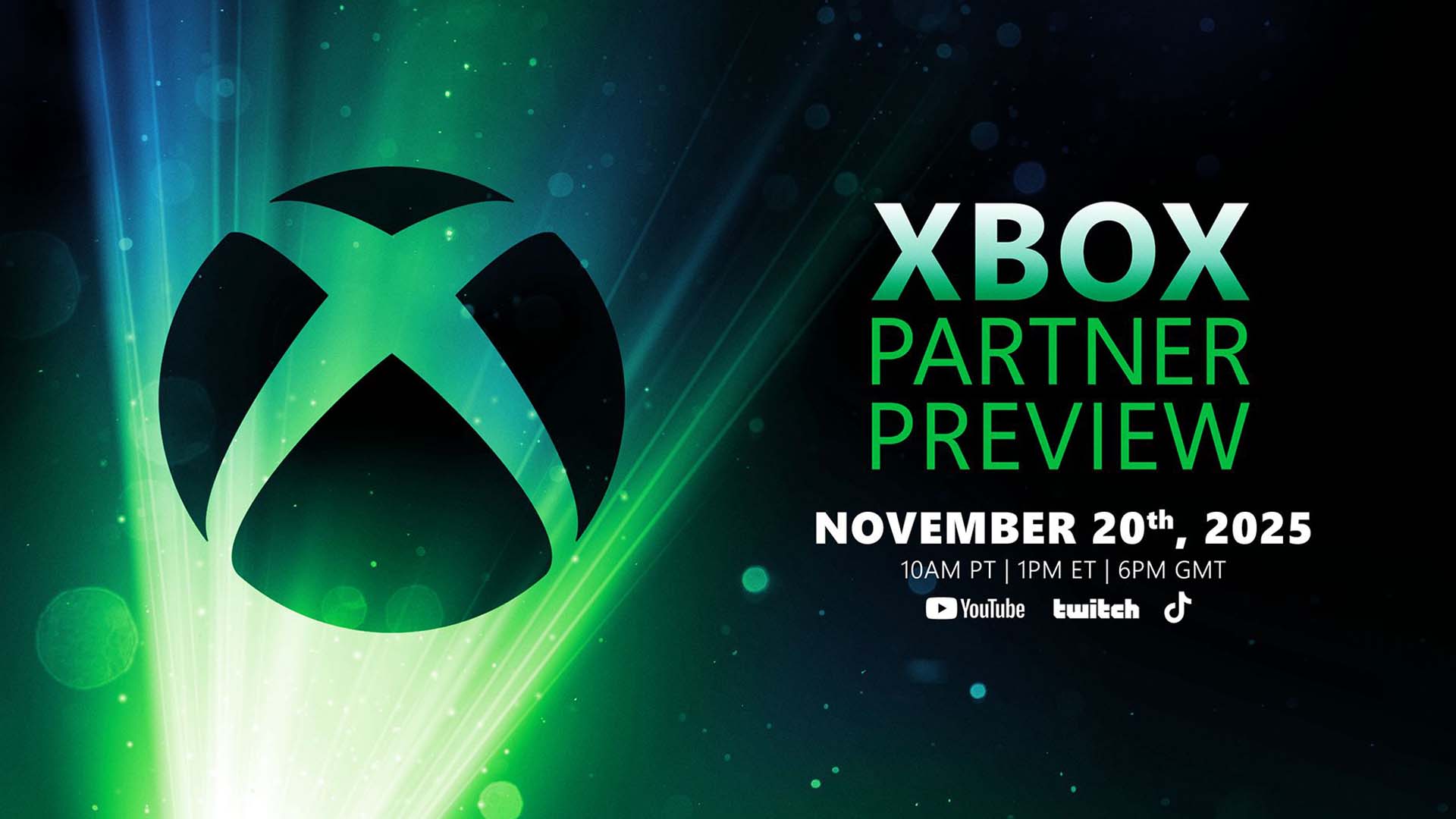 Official promotional artwork for the Xbox Partner Preview on November 20, 2025, featuring the Xbox logo on a green light background with event date and streaming platforms.