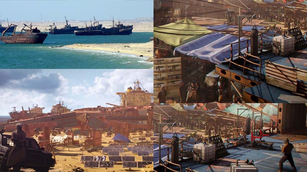 Collage comparing the real ship graveyard near Nouadhibou, Mauritania, with in-game screenshots of Aleph from 007: First Light, showing rusted shipwrecks, solar panels, and a densely built marketplace integrated into the wrecks—illustrating how the real-world location inspired the fictional city.