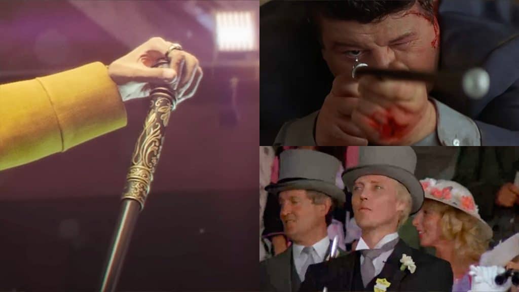 Collage comparing Bawma’s ornate cane from the 007: First Light trailer with classic Bond examples, including Max Zorin from A View to a Kill (1985) and Valentin Zukovsky from The World Is Not Enough (1999), highlighting the Bond tradition of canes concealing hidden gadgets or weapons.