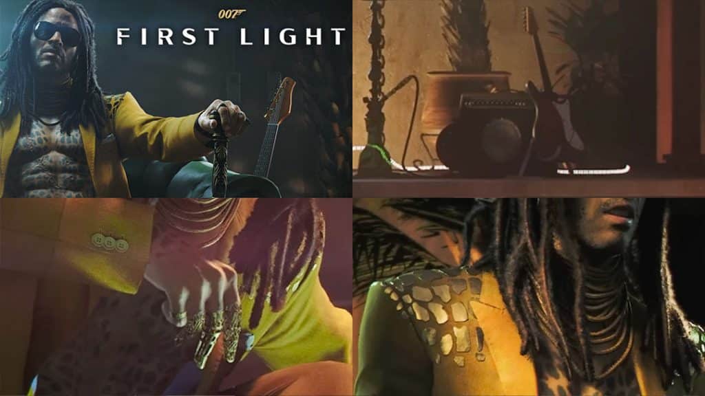 Collage from the 007: First Light Bawma Trailer showing Bawma’s character design in detail, including his cane, gold finger adornments, crocodile-scale patterns on his jacket, tattoos across his chest, and musical equipment such as a guitar and amplifier in his surroundings.