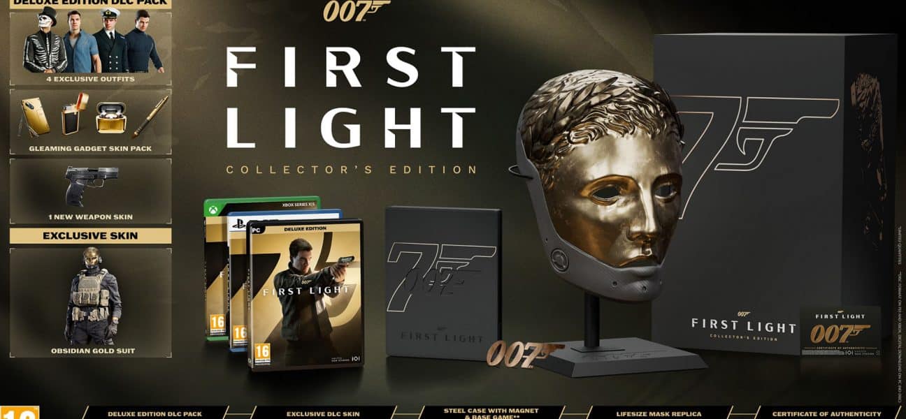 Packshot of the 007: First Light Collector’s Edition featuring the lifesize wearable villain mask, steel case, Deluxe Edition game, Obsidian Gold Suit skin, gadget skins, and Certificate of Authenticity.