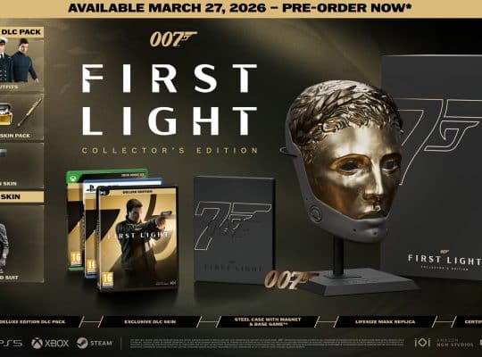 Packshot of the 007: First Light Collector’s Edition featuring the lifesize wearable villain mask, steel case, Deluxe Edition game, Obsidian Gold Suit skin, gadget skins, and Certificate of Authenticity.