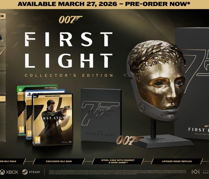 Packshot of the 007: First Light Collector’s Edition featuring the lifesize wearable villain mask, steel case, Deluxe Edition game, Obsidian Gold Suit skin, gadget skins, and Certificate of Authenticity.