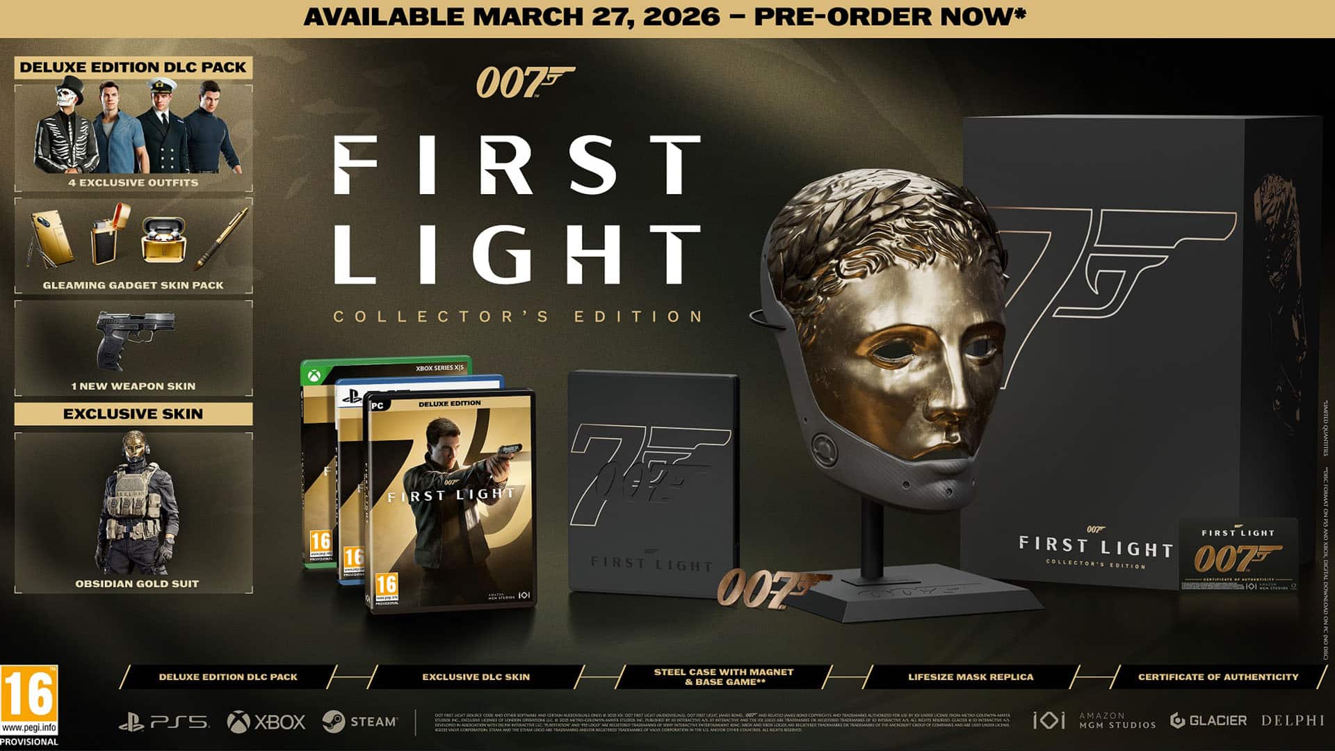 Packshot of the 007: First Light Collector’s Edition featuring the lifesize wearable villain mask, steel case, Deluxe Edition game, Obsidian Gold Suit skin, gadget skins, and Certificate of Authenticity.