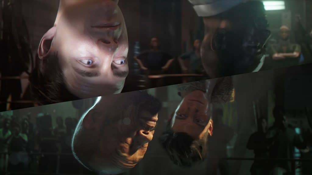 Comparison image showing the crocodile pit scene in 007: First Light, with the top image from the Reveal Trailer and the bottom image from the Bawma Trailer; in both shots, Bond and Greenway are suspended from the ceiling above the pit, highlighting the transition from CGI to in-engine visuals.