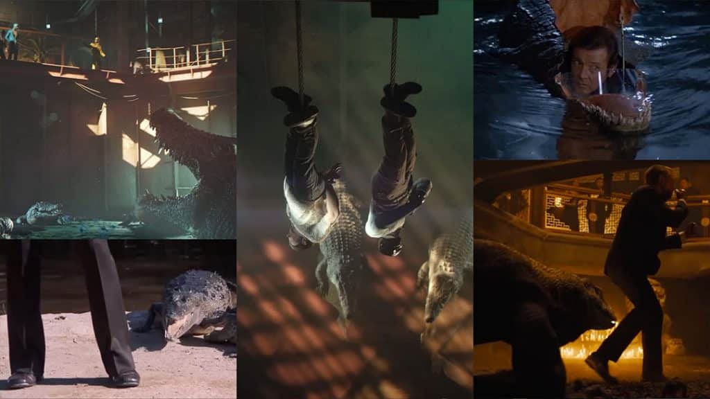 Collage comparing the crocodile pit scene from the 007: First Light Bawma Trailer with classic Bond encounters involving large reptiles, including the disguised crocodile sequence in Octopussy (1983), the crocodile escape reference from A View to a Kill (1985), and Bond’s confrontation with a Komodo dragon in Skyfall (2012), highlighting the recurring use of reptiles as moments of heightened danger in the Bond series.