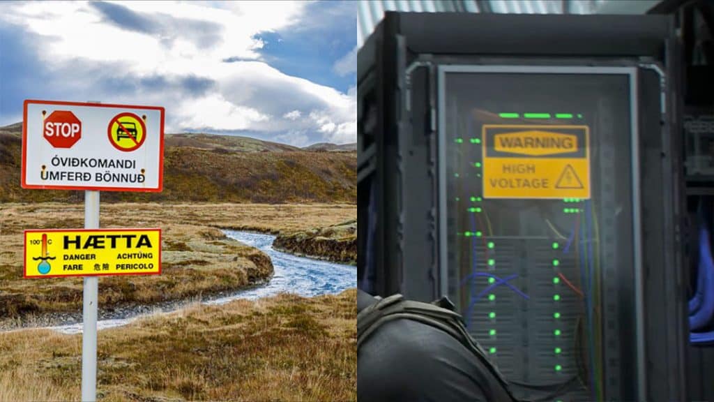 Side-by-side comparison showing Icelandic warning signs using “Hætta” (danger) alongside multilingual text, contrasted with a 007: First Light screenshot displaying a “Warning – High Voltage” sign in English only—highlighting questions about whether the in-game location is truly set in Iceland.