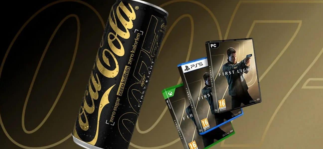 Limited-edition Coca-Cola Zero Sugar Zero Caffeine can with 007 branding, shown alongside boxed copies of the video game “007: First Light” for PlayStation 5, Xbox Series X|S, and PC on a gold-toned background.