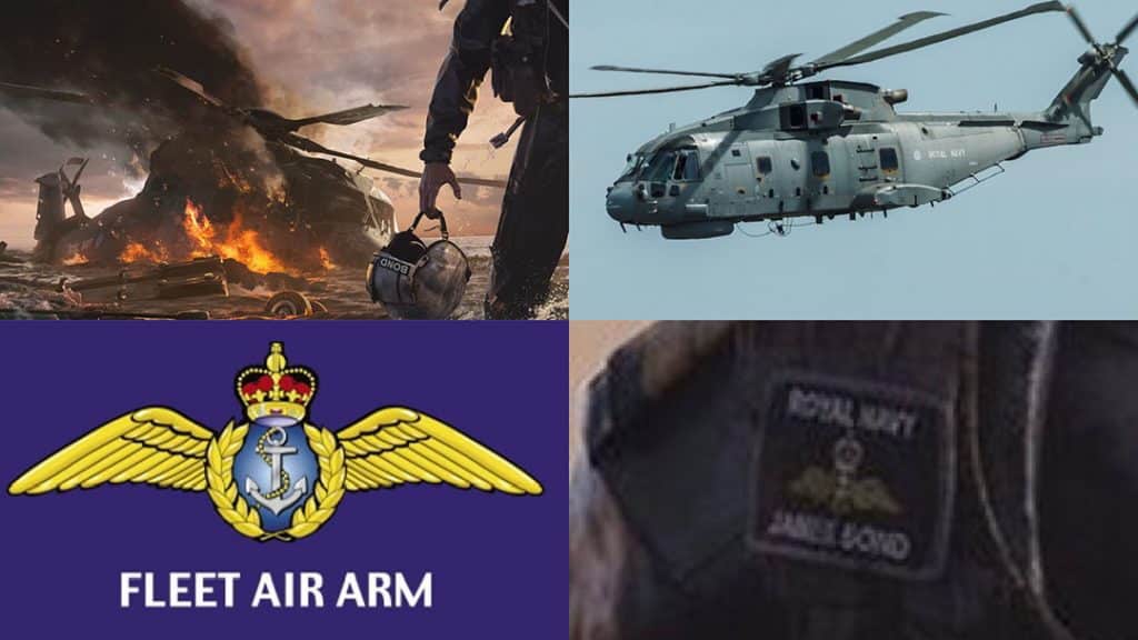 007: First Light key art collage showing James Bond beside the wreckage of a Royal Navy Merlin helicopter during the Iceland Incident, with flames, coastal terrain, and Fleet Air Arm details visible.