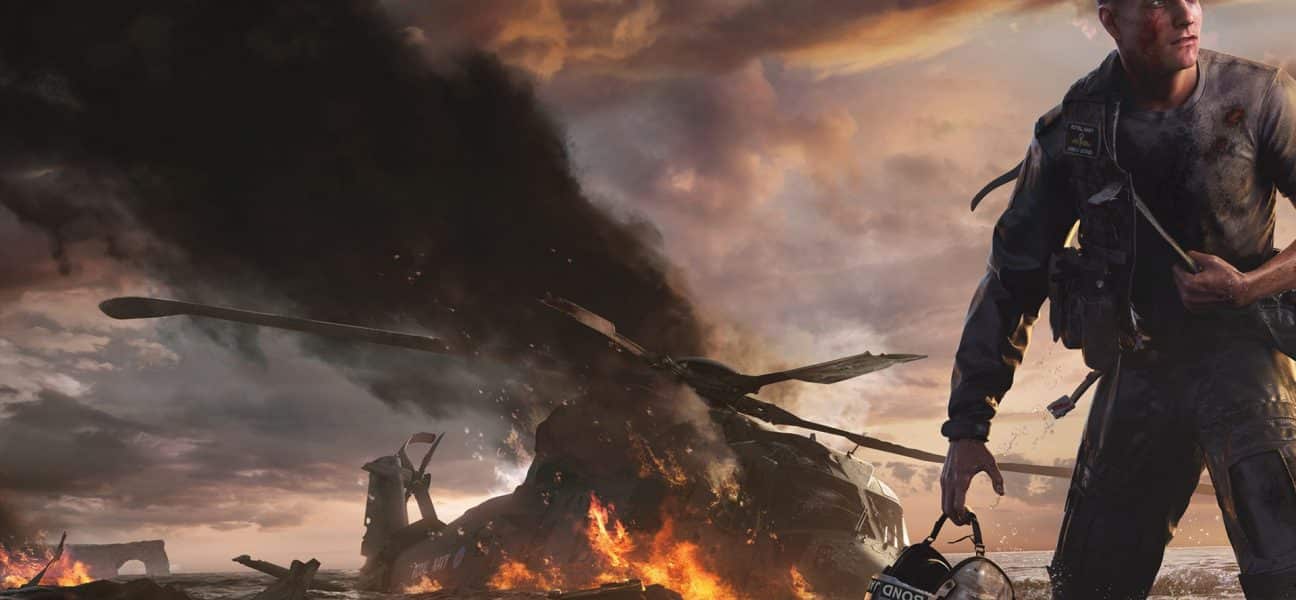 Game Informer cover key art for 007: First Light showing James Bond standing beside the wreckage of a Royal Navy Merlin helicopter on an Icelandic coastline, with fire, debris, and stormy conditions emphasizing the aftermath of the Iceland Incident.