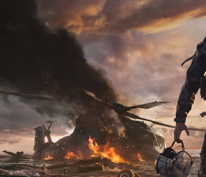 Game Informer cover key art for 007: First Light showing James Bond standing beside the wreckage of a Royal Navy Merlin helicopter on an Icelandic coastline, with fire, debris, and stormy conditions emphasizing the aftermath of the Iceland Incident.