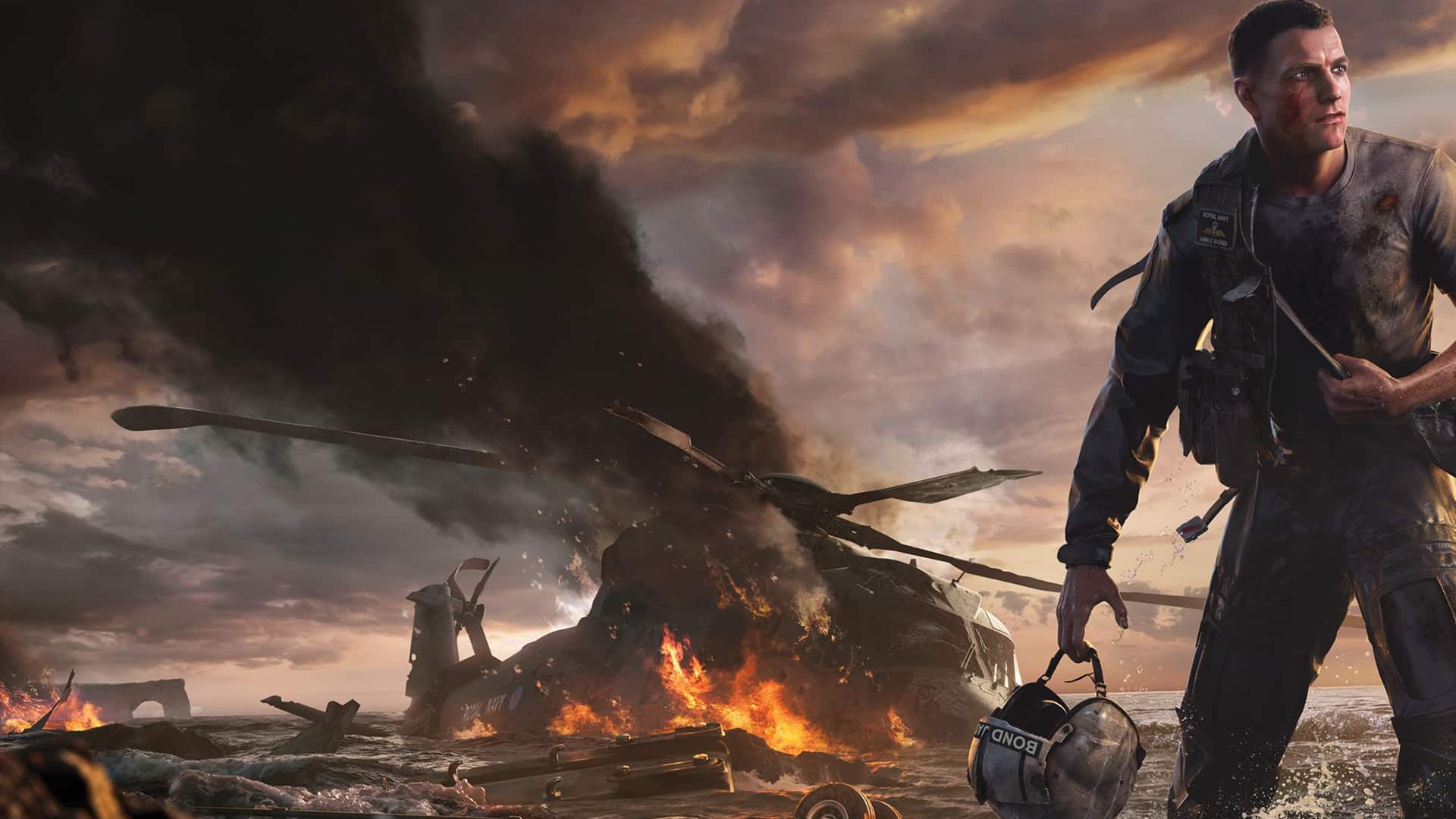 Game Informer cover key art for 007: First Light showing James Bond standing beside the wreckage of a Royal Navy Merlin helicopter on an Icelandic coastline, with fire, debris, and stormy conditions emphasizing the aftermath of the Iceland Incident.