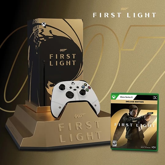 Limited-edition Xbox Series X console with 007: First Light branding, matching controller, and the game’s Deluxe Edition case displayed on a gold pedestal.
