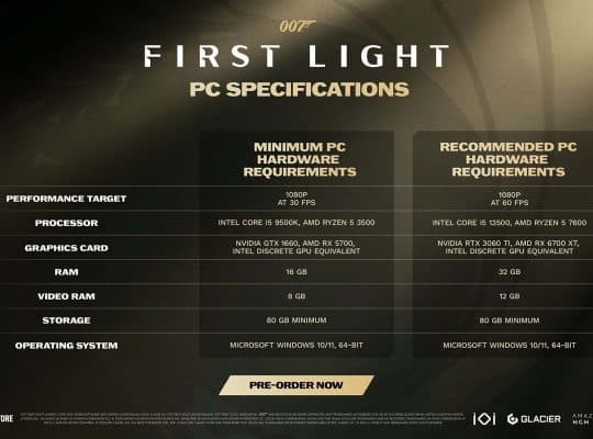 Official PC specifications for 007: First Light by IO Interactive, showing minimum and recommended system requirements in a comparison table.