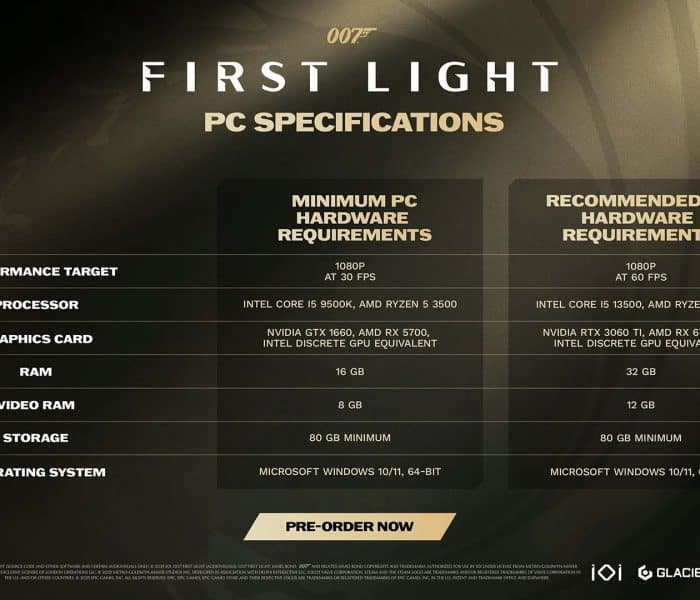 Official PC specifications for 007: First Light by IO Interactive, showing minimum and recommended system requirements in a comparison table.
