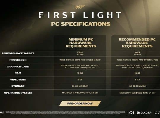nfographic showing updated PC hardware requirements for 007: First Light, including minimum and recommended specs for 1080p at 30 FPS and 60 FPS.