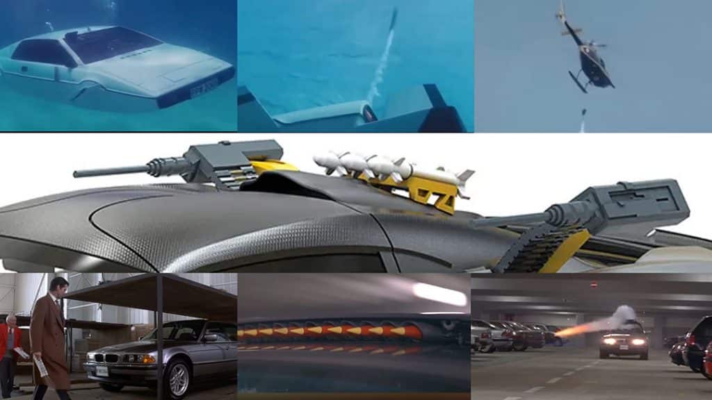 ollage comparing rocket-equipped James Bond cars: the Lotus Esprit from The Spy Who Loved Me and the BMW 750iL from Tomorrow Never Dies alongside the Aston Martin Valhalla model from 007: First Light by Corgi, highlighting roof-mounted missiles and weapon placement across the franchise.