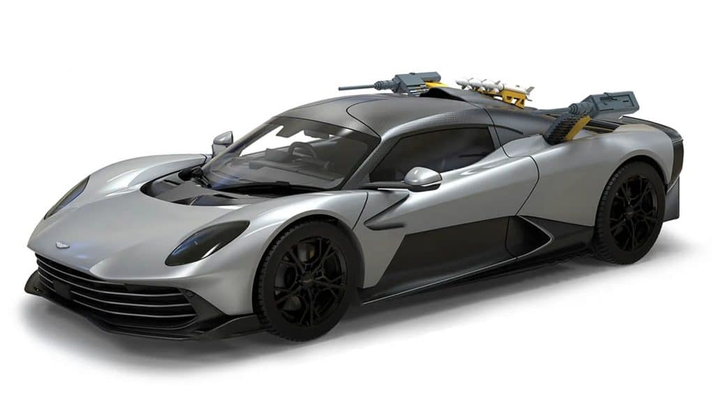 Aston Martin Valhalla die-cast model from 007: First Light by Corgi, shown with roof-mounted missiles and deployed weapon systems.