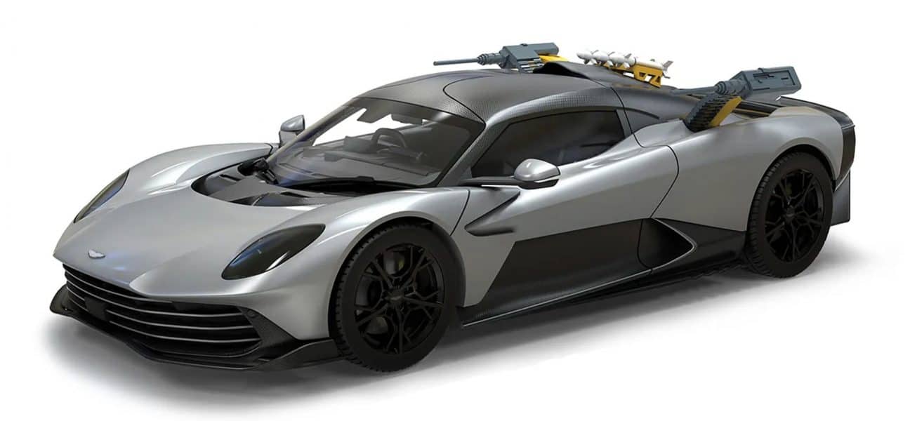 Aston Martin Valhalla die-cast model from 007: First Light by Corgi, shown with roof-mounted missiles and deployed weapon systems.