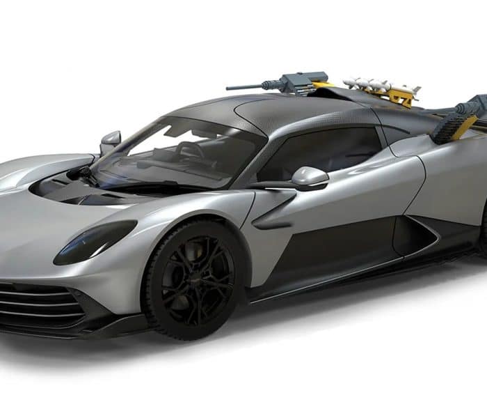 Aston Martin Valhalla die-cast model from 007: First Light by Corgi, shown with roof-mounted missiles and deployed weapon systems.