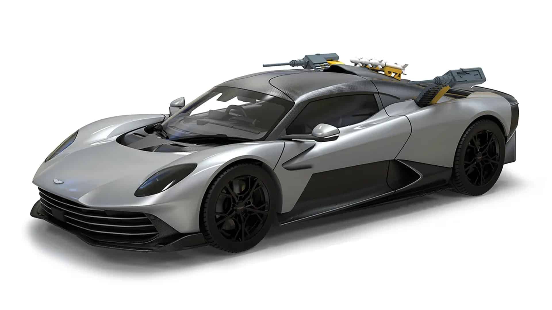 Aston Martin Valhalla die-cast model from 007: First Light by Corgi, shown with roof-mounted missiles and deployed weapon systems.