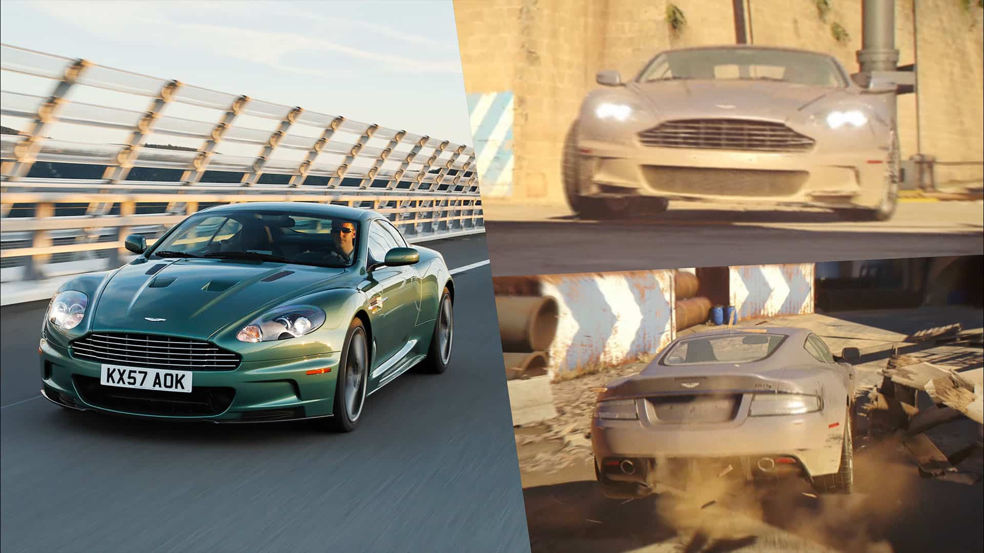 Aston Martin DBS in silver from 007 First Light Story Trailer driving through a Mediterranean harbor area, compared with a green production DBS on an open road.