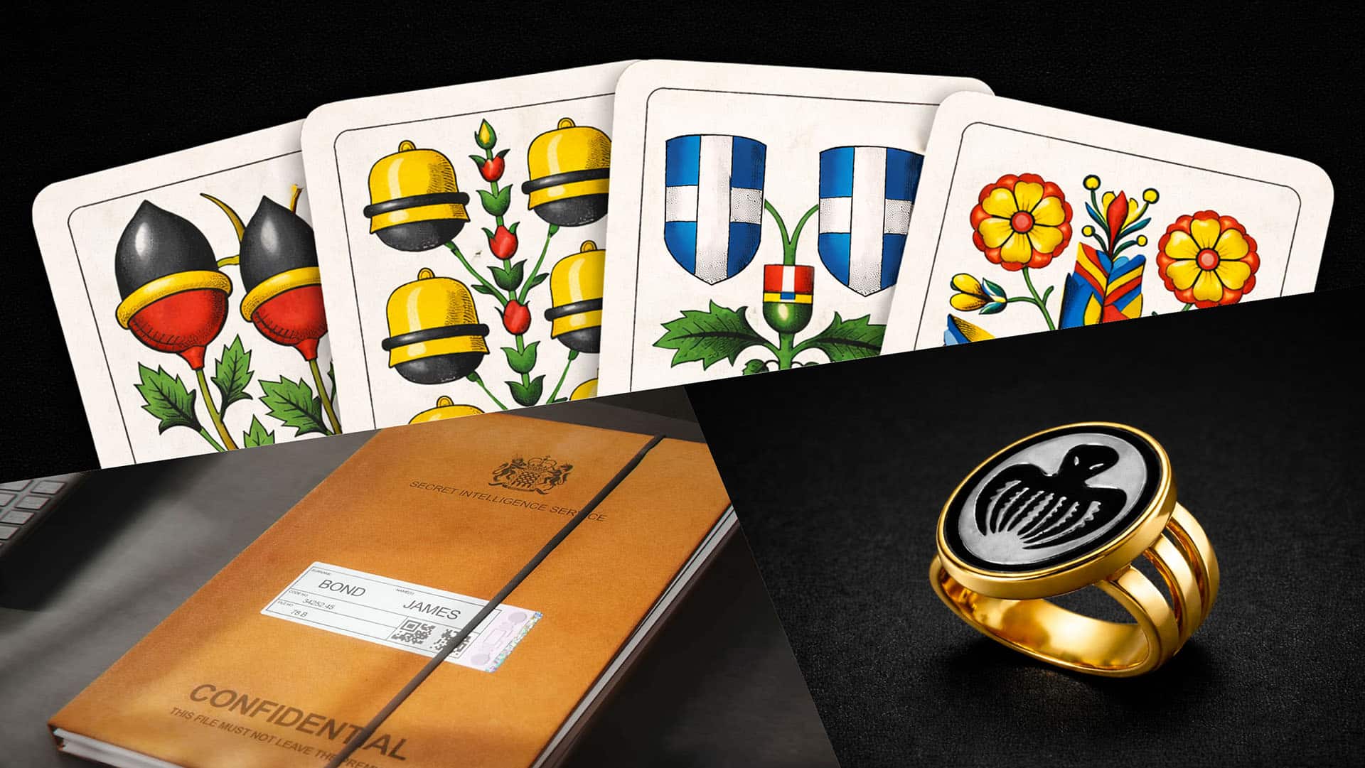 Confidential MI6 file for James Bond, Swiss-German Jass playing cards, and a gold Spectre ring featuring the iconic octopus symbol in 007 First Light