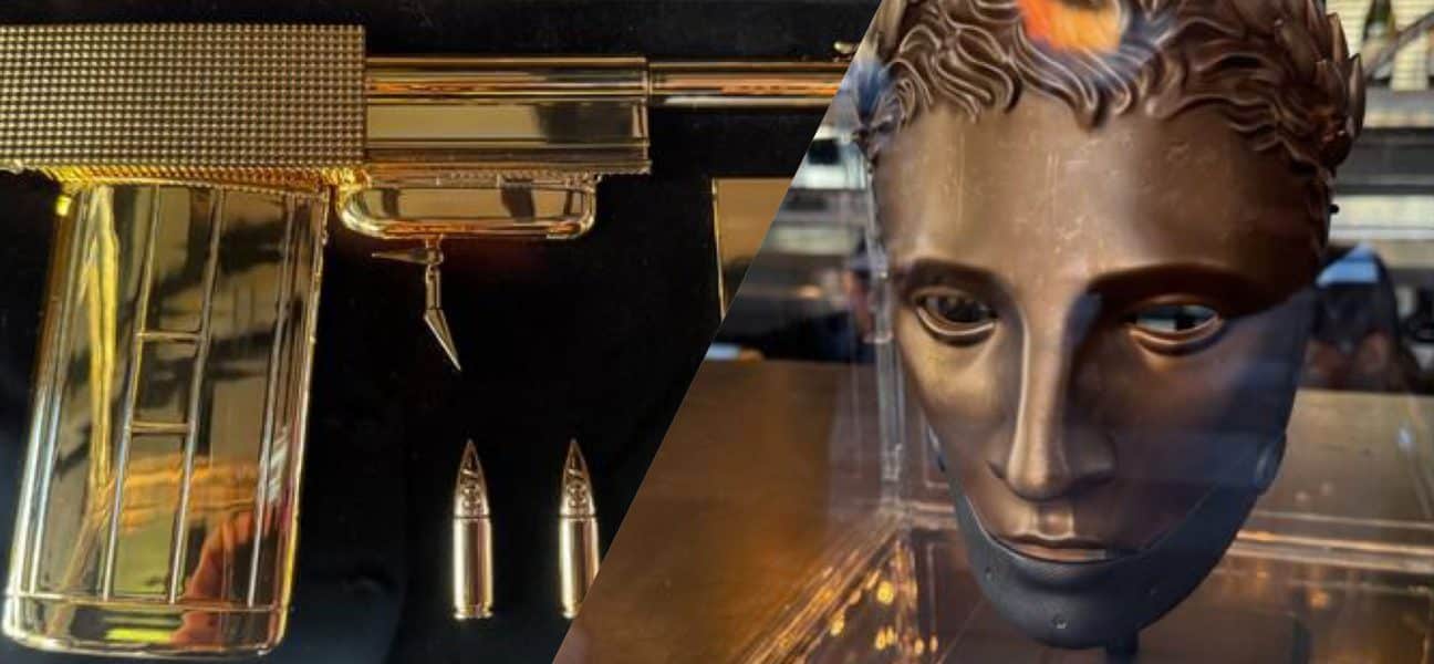 Collage featuring display images of the Golden Gun replica from the 007: First Light Legacy Edition, with the gold mask from the Collector’s Edition shown on the right.