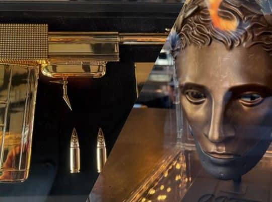 Collage featuring display images of the Golden Gun replica from the 007: First Light Legacy Edition, with the gold mask from the Collector’s Edition shown on the right.