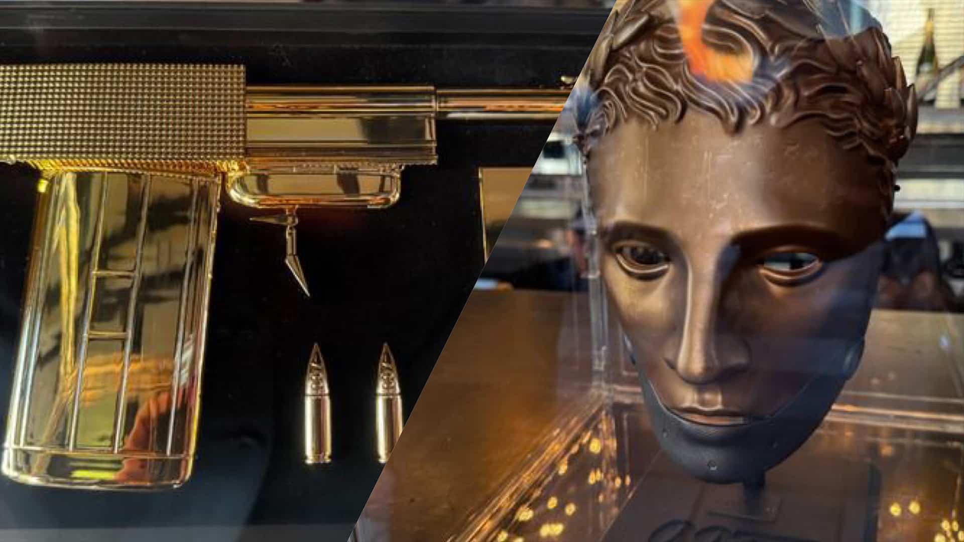 Collage featuring display images of the Golden Gun replica from the 007: First Light Legacy Edition, with the gold mask from the Collector’s Edition shown on the right.
