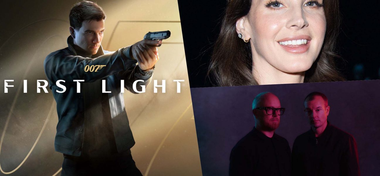 Collage with the 007: First Light key art on the left, showing James Bond aiming a pistol alongside the game’s title, Lana Del Rey in the upper right, and the composer duo The Flight in the lower right.