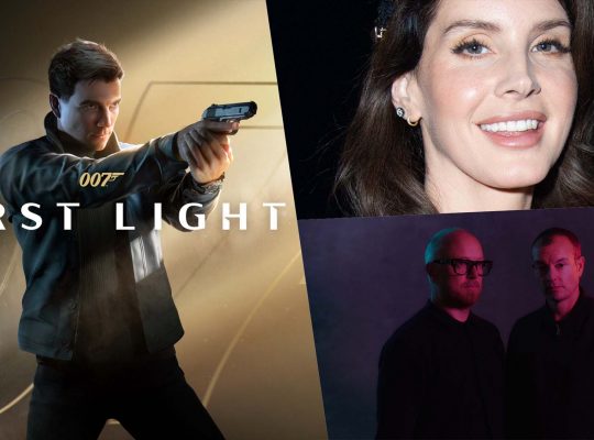 Collage with the 007: First Light key art on the left, showing James Bond aiming a pistol alongside the game’s title, Lana Del Rey in the upper right, and the composer duo The Flight in the lower right.