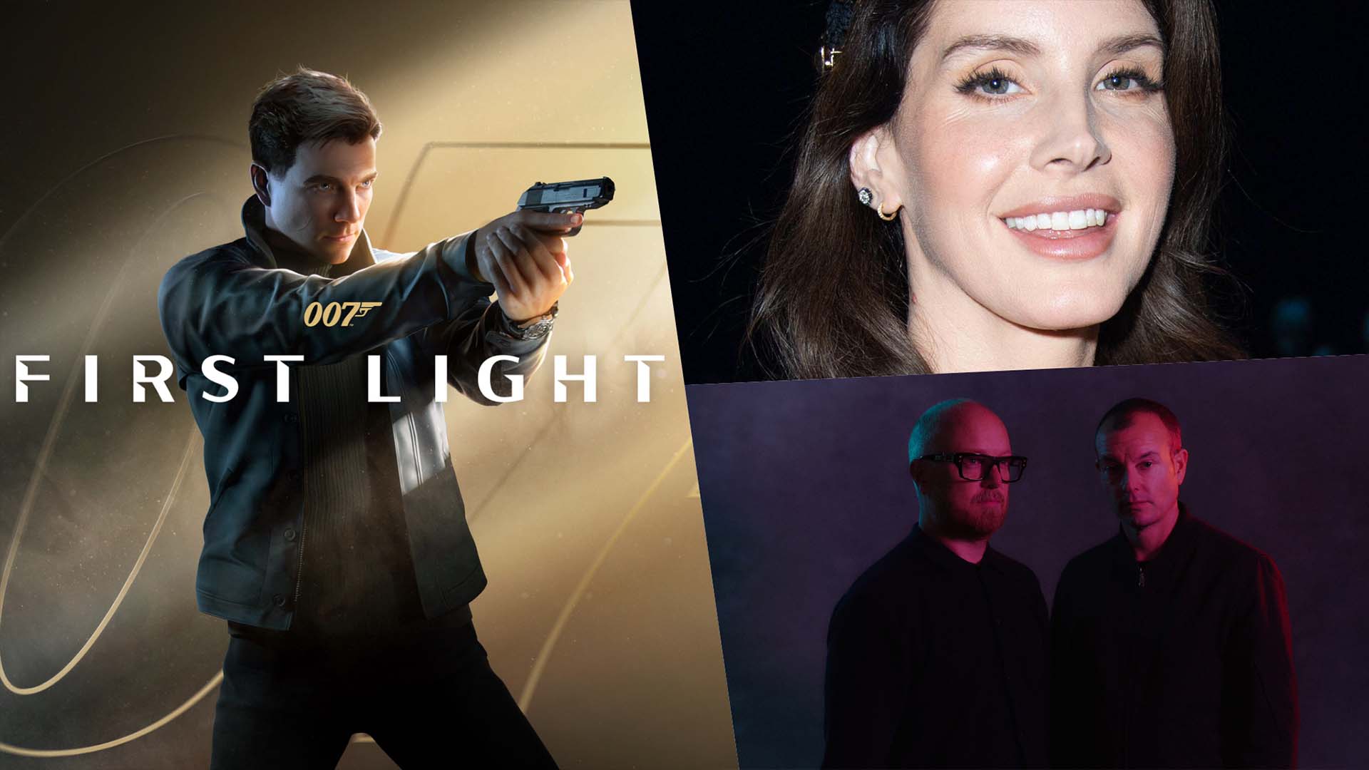Collage with the 007: First Light key art on the left, showing James Bond aiming a pistol alongside the game’s title, Lana Del Rey in the upper right, and the composer duo The Flight in the lower right.