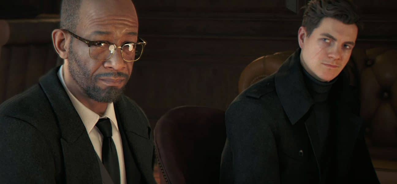 John Greenway (Lennie James) and James Bond (Patrick Gibson) sit side by side in a wood-paneled office during a tense recruitment scene in the 007 First Light story trailer, Greenway watching intently while Bond leans back with a guarded expression.
