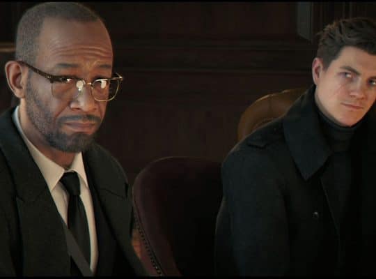 John Greenway (Lennie James) and James Bond (Patrick Gibson) sit side by side in a wood-paneled office during a tense recruitment scene in the 007 First Light story trailer, Greenway watching intently while Bond leans back with a guarded expression.