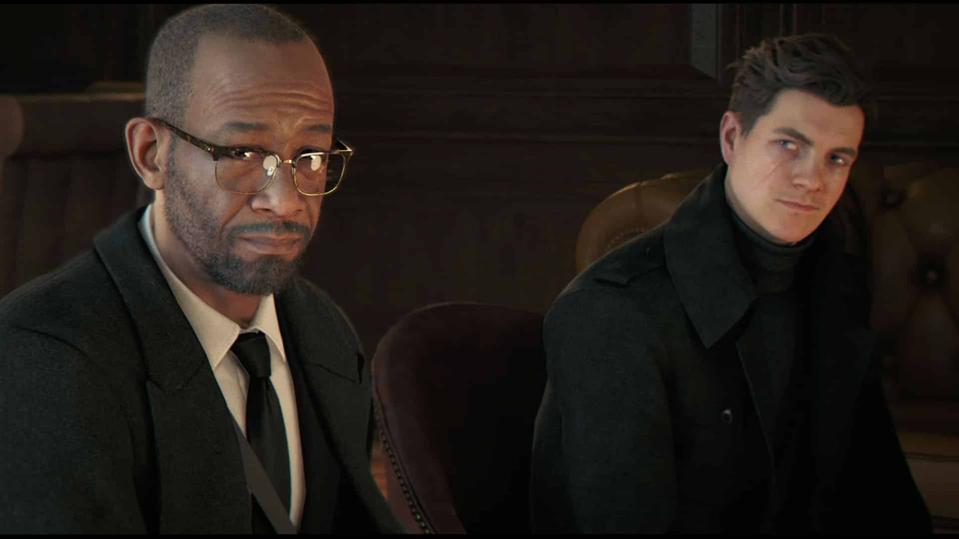 John Greenway (Lennie James) and James Bond (Patrick Gibson) sit side by side in a wood-paneled office during a tense recruitment scene in the 007 First Light story trailer, Greenway watching intently while Bond leans back with a guarded expression.