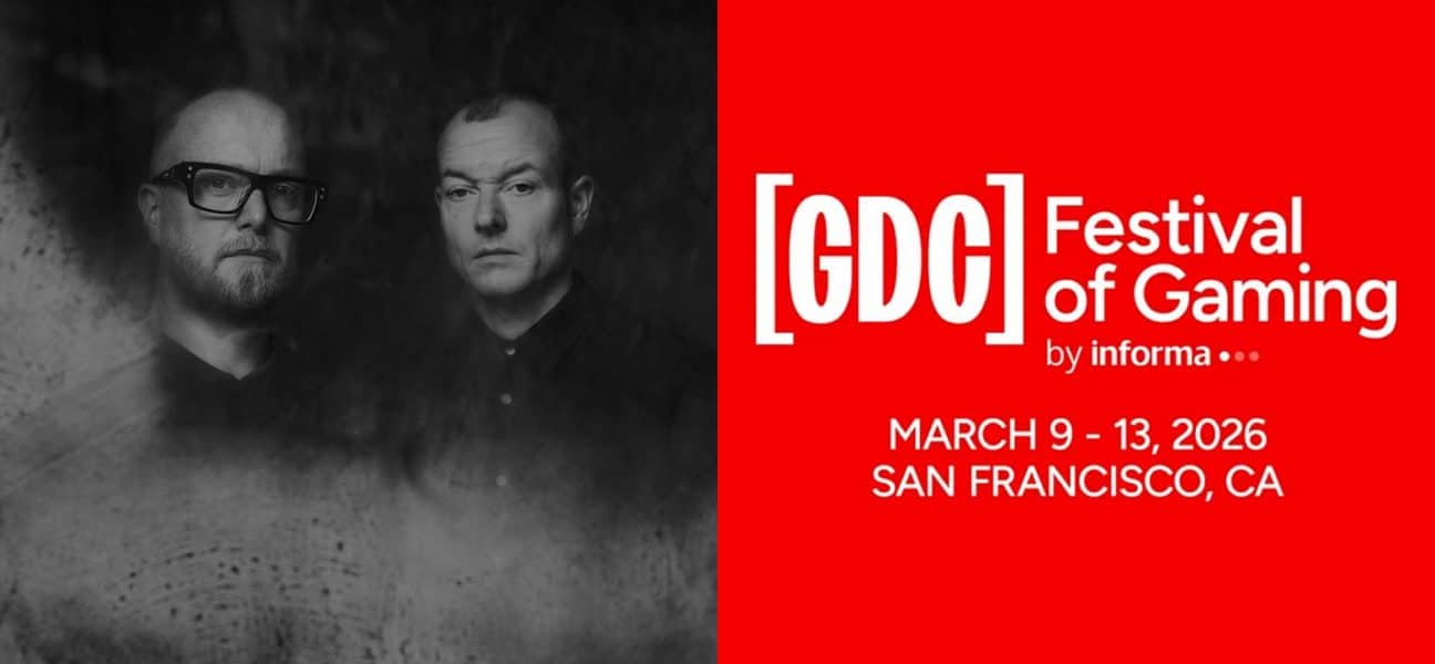 Photo of the composer duo The Flight next to the GDC 2026 logo. Composer photo by Pip