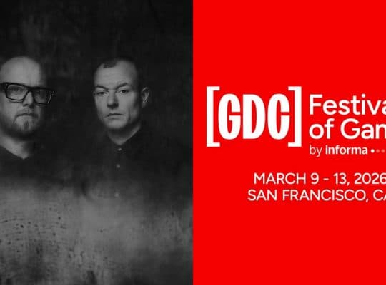 Photo of the composer duo The Flight next to the GDC 2026 logo. Composer photo by Pip