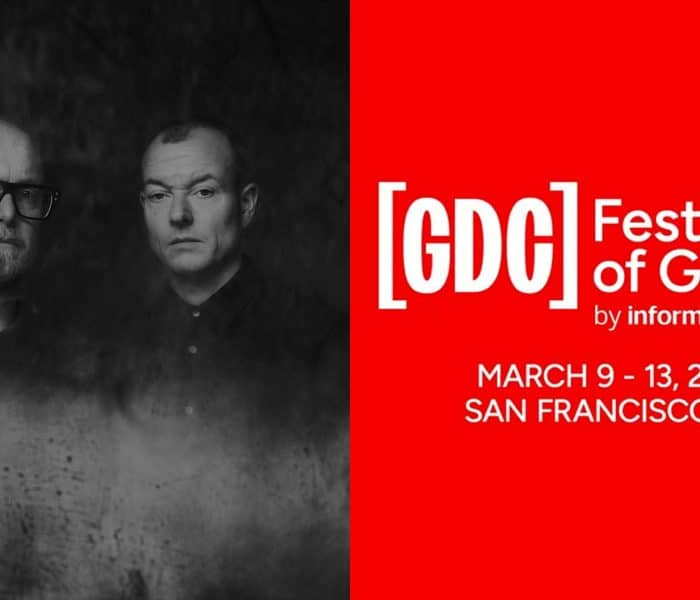 Photo of the composer duo The Flight next to the GDC 2026 logo. Composer photo by Pip