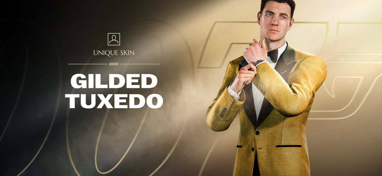 James Bond wearing the Gilded Tuxedo cosmetic outfit in 007 First Light, featuring gold-accented tailoring and a formal evening silhouette.