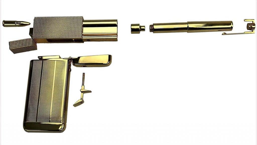 Golden Gun Limited Edition replica by Factory Entertainment, showing the individual components used to assemble the weapon, including pen barrel, cigarette case grip, lighter mechanism, and cufflink trigger.