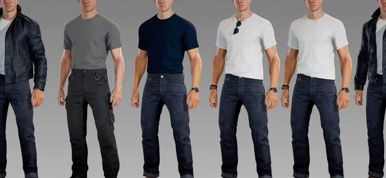 Character render lineup of James Bond showing multiple outfit variations in 007 First Light, shown in the Beyond the Light dev diary Episode 2.