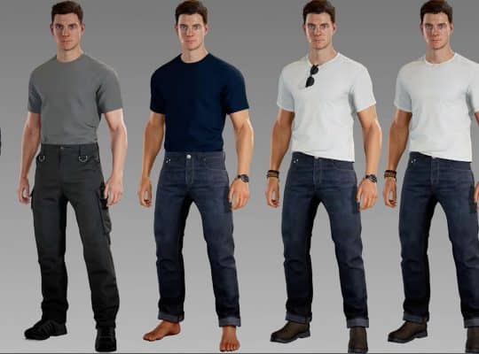 Character render lineup of James Bond showing multiple outfit variations in 007 First Light, shown in the Beyond the Light dev diary Episode 2.