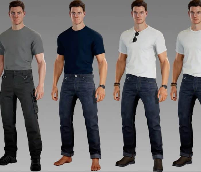 Character render lineup of James Bond showing multiple outfit variations in 007 First Light, shown in the Beyond the Light dev diary Episode 2.