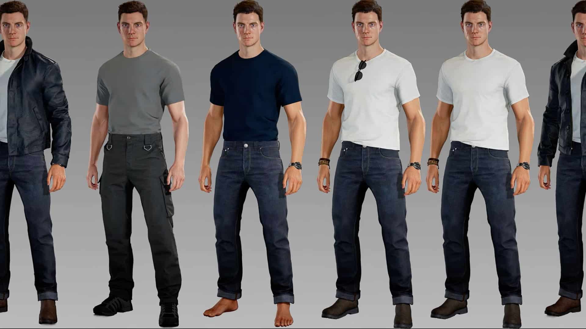 Character render lineup of James Bond showing multiple outfit variations in 007 First Light, shown in the Beyond the Light dev diary Episode 2.