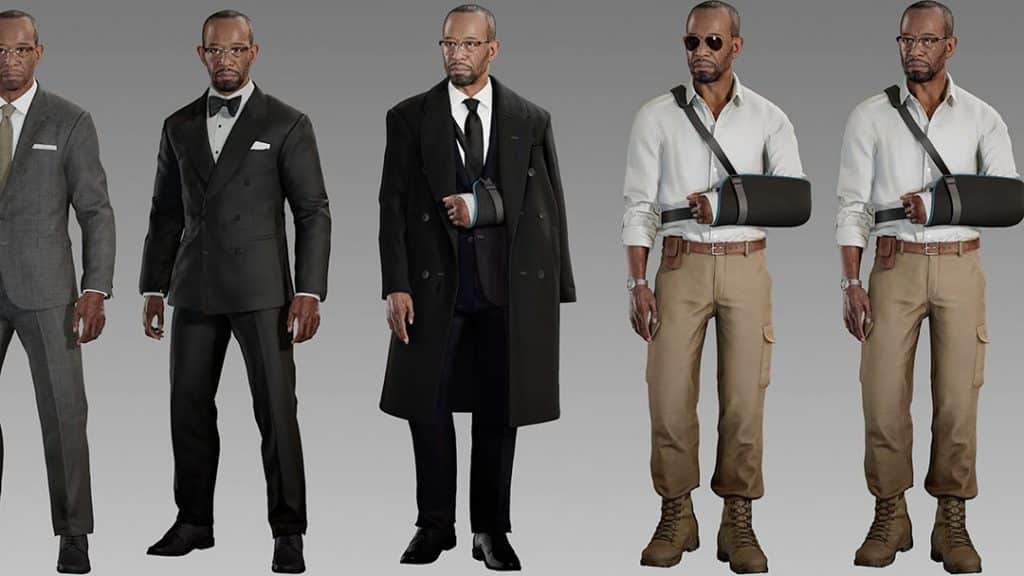 Character render lineup of John Greenway showing multiple outfit variations in 007 First Light, shown in the Beyond the Light dev diary Episode 2.