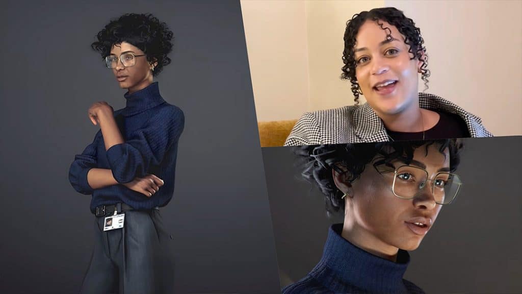 Two character renders of Moneypenny alongside actress Keira Lester, who portrays the character in 007 First Light, shown in the Beyond the Light Episode 2 dev diary.