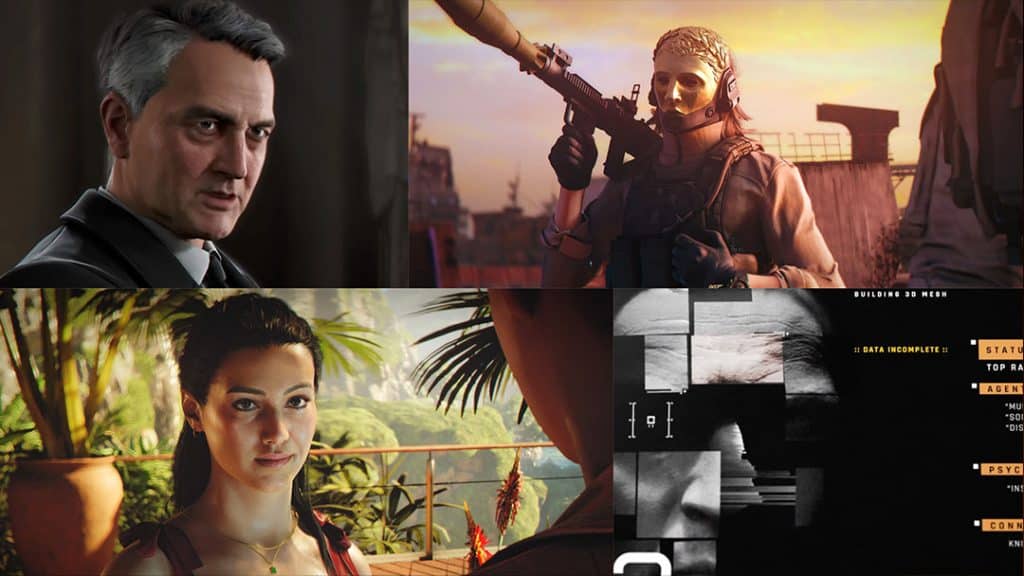 Collage of still-unidentified characters from the 007 First Light story trailer, whose identities may remain a mystery until release.